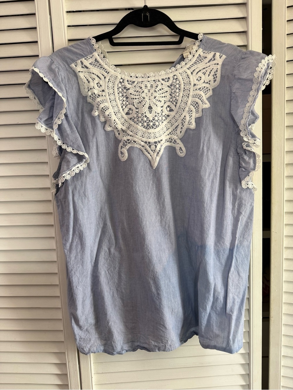LOFT Light Blue Top with White Lace Yoke and Flutter Sleeves